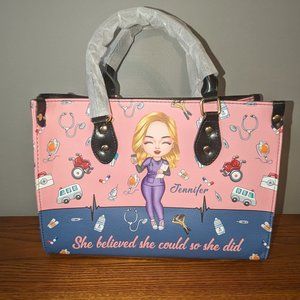 CUSTOM NAME: Jennifer Nurse, Healthcare, Pink Shoulder Crossbody Tote Bag
